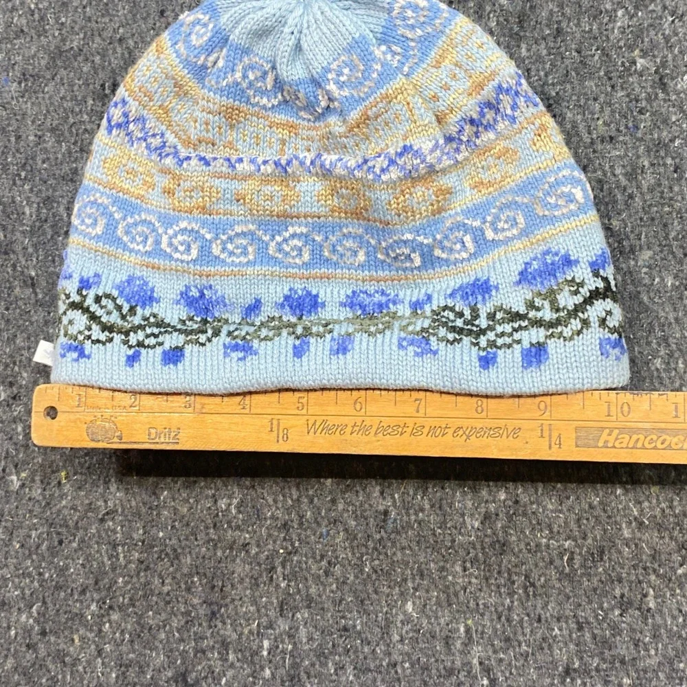 Vintage Fair Isle Floral Beanie Hat OS Womens Blue Wool Blend Boho Tassel USA